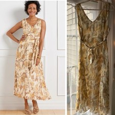 NEW $130 Talbots Midi Dress 14 Gold Romantic Florals Flare Glitter Party Belted