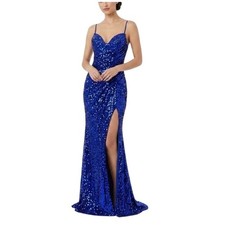Jovani 42379 Blue Evening Gown Sequined Backless Thigh Slit Mermaid Dress Size 8