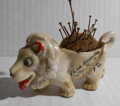 VTG 1950's Porcelain LION Cat Pincushion Japan Lustreware Lake Kegonsa Wisconsin