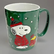 Peanuts Snoopy & Woodstock Red Puffer Coats Winter Ceramic Mug 17.5 oz NEW!
