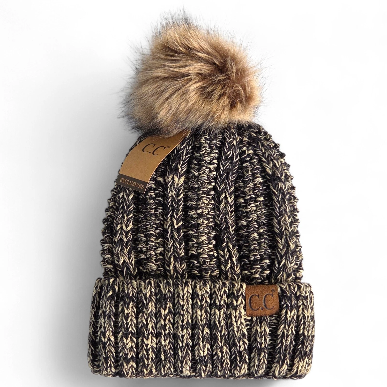 C.C Exclusives Warm Fleece Lined Knit Pom Beanie Stocking Cap Hat Black BeigeNWT