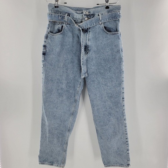 PacSun Mom Jeans Light Wash Belted High Rise Straight Leg Denim Womens Large-image
