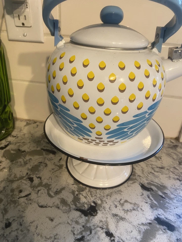 Tetera UPware Owl Whistling esmaltada en acero tetera azul amarillo Foto 3 de 4