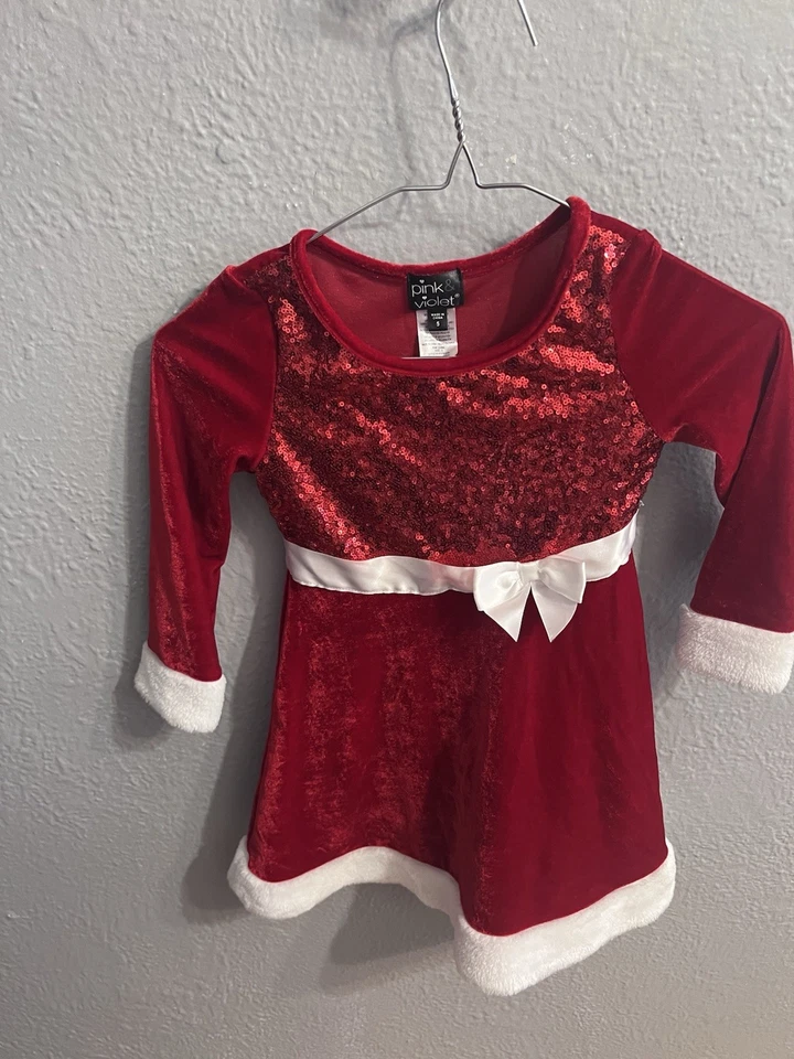 Girls Pink & Violet Dress Red velvet white fur sequin Santa style Size 5 - Image 2 of 4