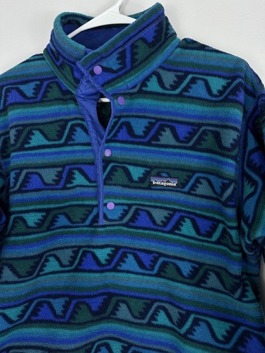 VTG Patagonia Kids Aztec Waves Fleece 1/4 Snap T Pullover Size 12 Made USA READ - Picture 6 of 18