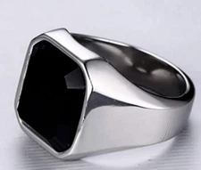 Fabulous Rich Black Emerald Shape Onyx In 925 Sterling Silver Men's Signet Ring