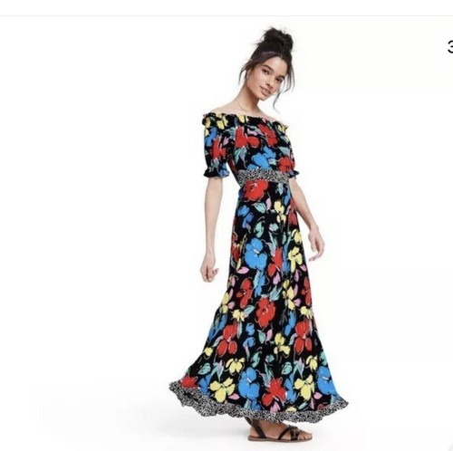 NUEVO CON ETIQUETAS RIXO Target Maxi Vestido Negro Floral Fuera del Hombro Talla 28W/30W - Imagen 3 de 3