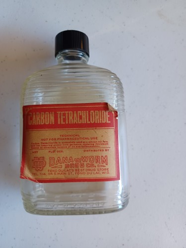 VIntage Carbon Tetrachloride Glass RX Bottle Fond Du Lac Wisconsin Dana & Worm