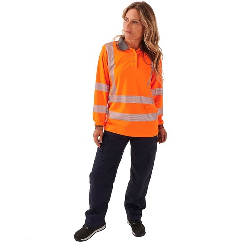 Ladies Hi Vis Orange Jaya Birds Eye Polo Ribbed Breathable Comfort Workwear Top - Imagen 2 de 4