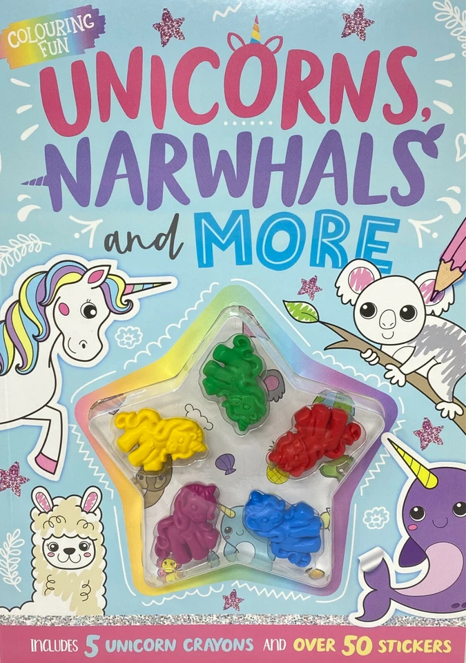 Narwhals Llamas Unicorns Colouring Book Crayons  50 Stickers Unicorn Art Craft