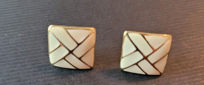 Vintage TRIFARI Cream Enamel Gold Tone Pierced Earrings Trifari Earrings 