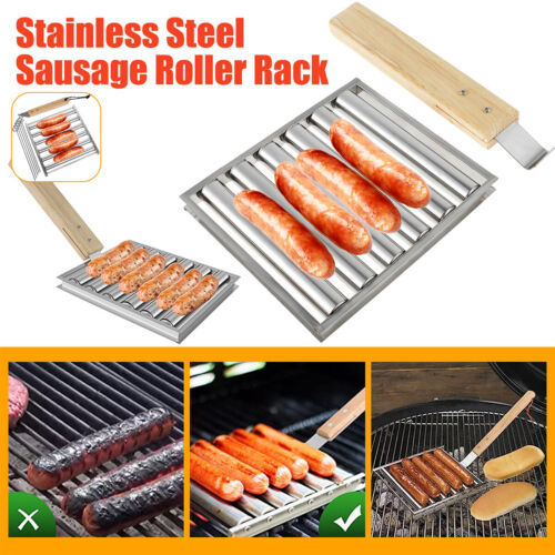 Hot Dog Roller Stainless Steel Sausage Roller Rack with Long Wooden Handle guVPG