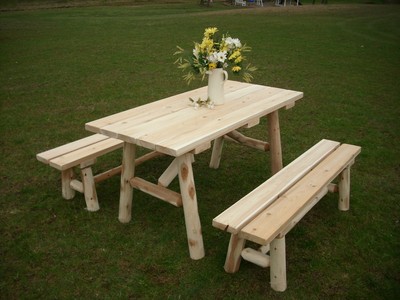 Rustic White Cedar Log 5 Foot Picnic Table With Detached Benches