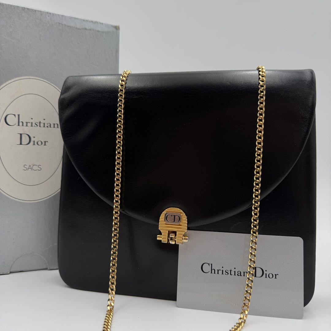 Christian Dior CD Logo Black Leather Chain Shoulder Bag Luxury New  