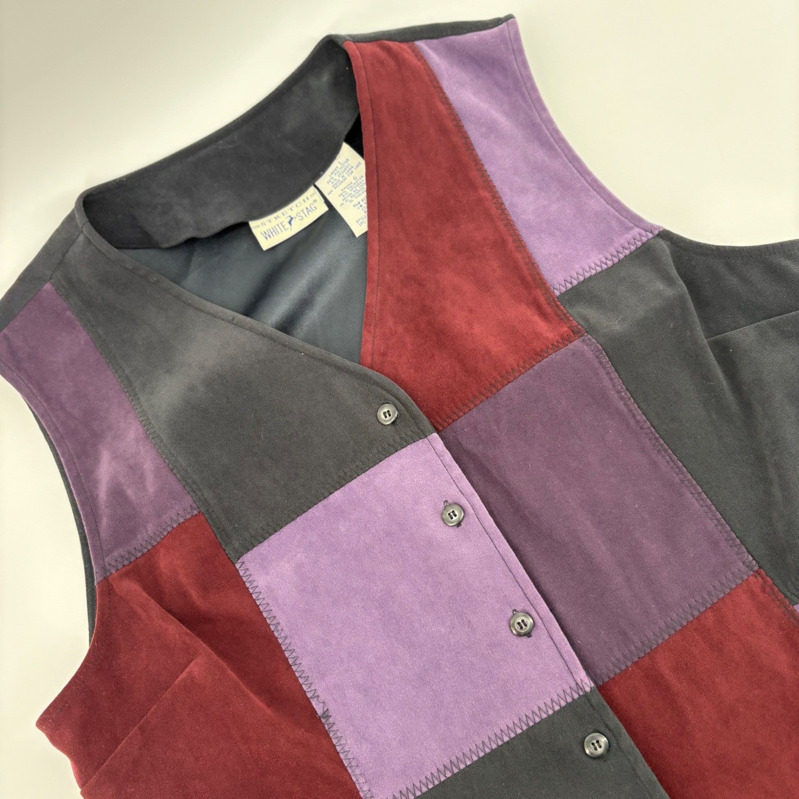 White Stag Womens L Patchwork Suede Vest Burgundy Purple Colorblock Retro 90