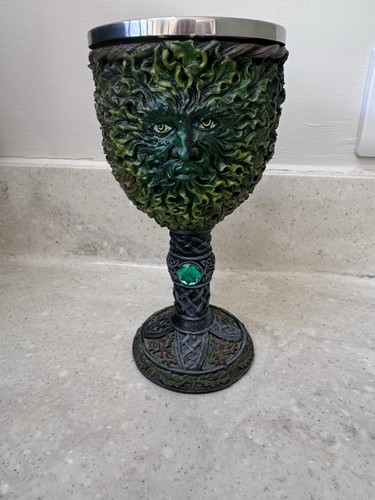 Green Man Goblet With 3 Faces And Green Gems Wiccan Pagan Myth Magic - Picture 2 of 10