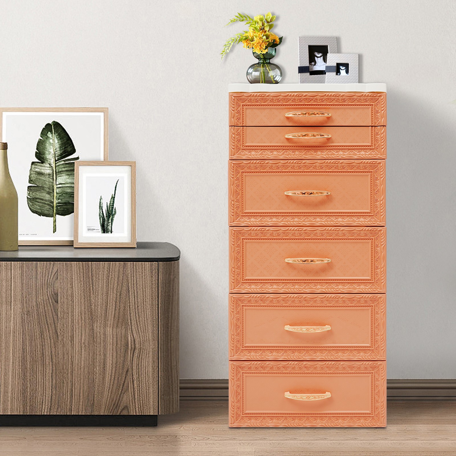5-Tier Bathroom Floor Cabinet with 6 Drawers Storage Organizer Orange