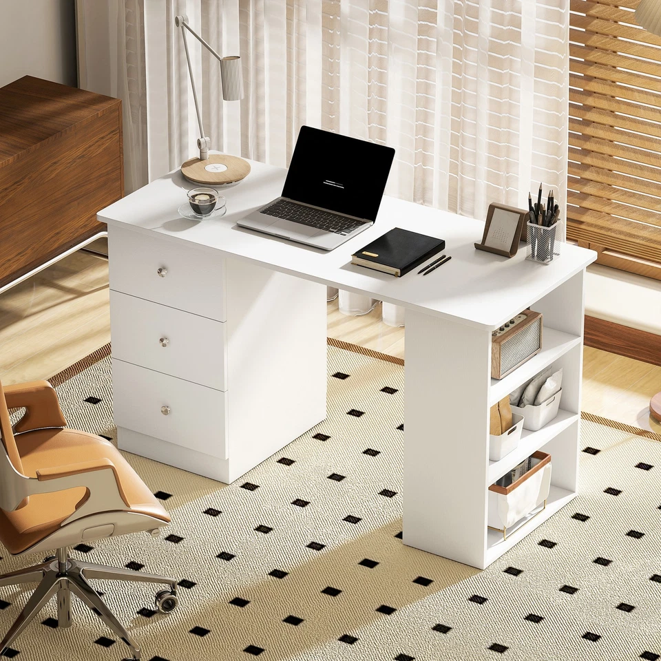 HOMCOM Scrivania Porta PC per Camera e Ufficio con Cassettiera e Ripiani Bianco - Immagine 3 di 4