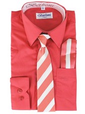 Berlioni Italy Kids Long Sleeve Coral Dress Shirt With Tie  Hanky 6 w/ Defect