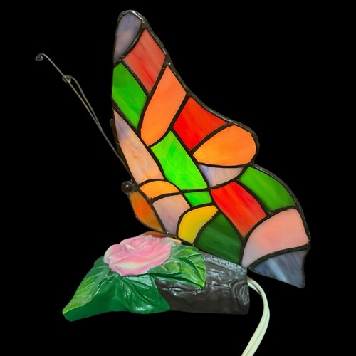 BUTTERFLY Tiffany Style Stained Glass Table Accent Lamp Night Light Pink Rose - Picture 5 of 18