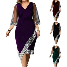 Women Velvet Tulip Pencil Dress 3/4 Sleeves Sequin Evening Dress Velvet Dress
