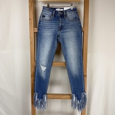 NWT Kancan Mid-Wash Fringed Ankle Skinny Jeans SZ 24 0787