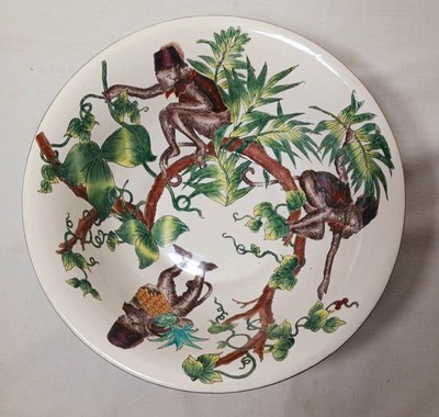 Chinese CAPUCHIN MONKEY Organ Grinder 10'' Bowl decorative w/ Trees Pinapple vtg