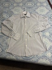 Hugo Boss men s dress shirt 16 1/2 34/35 white and blue vertical stripes