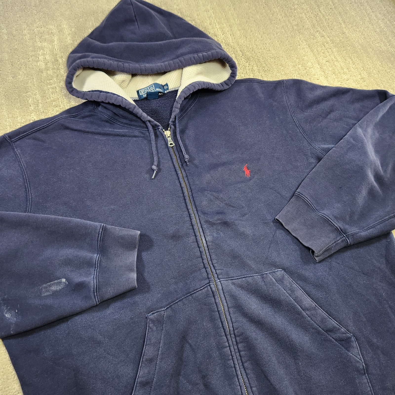 Vintage 90s Polo Ralph Lauren Hoodie Men XL USA Made Thermal Hood Full Zip Blue