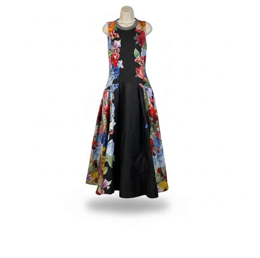 Alice + Olivia Women's Black Floral Panel Round Neck Adley Dress Size 12