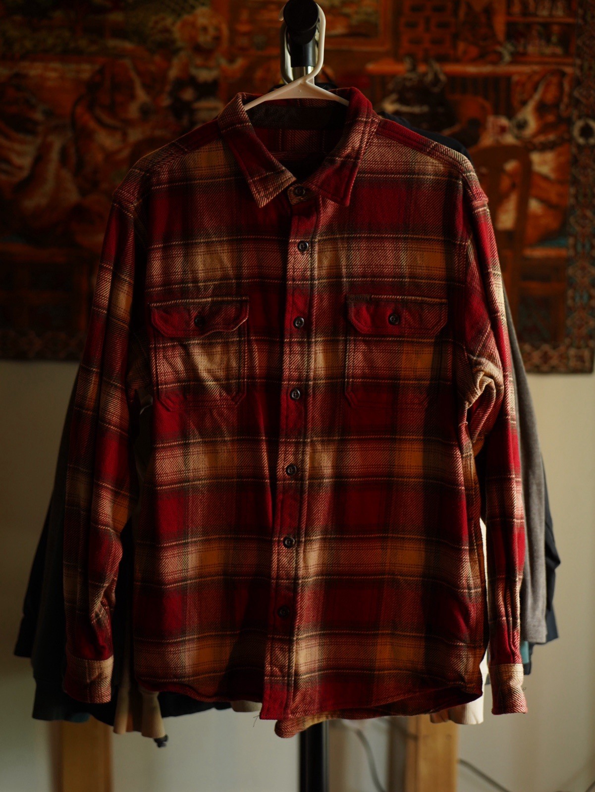 Orvis Heavyweight Cotton Flannel Shirt for Men in Red Beige Plaid - Size Large Shacket-image