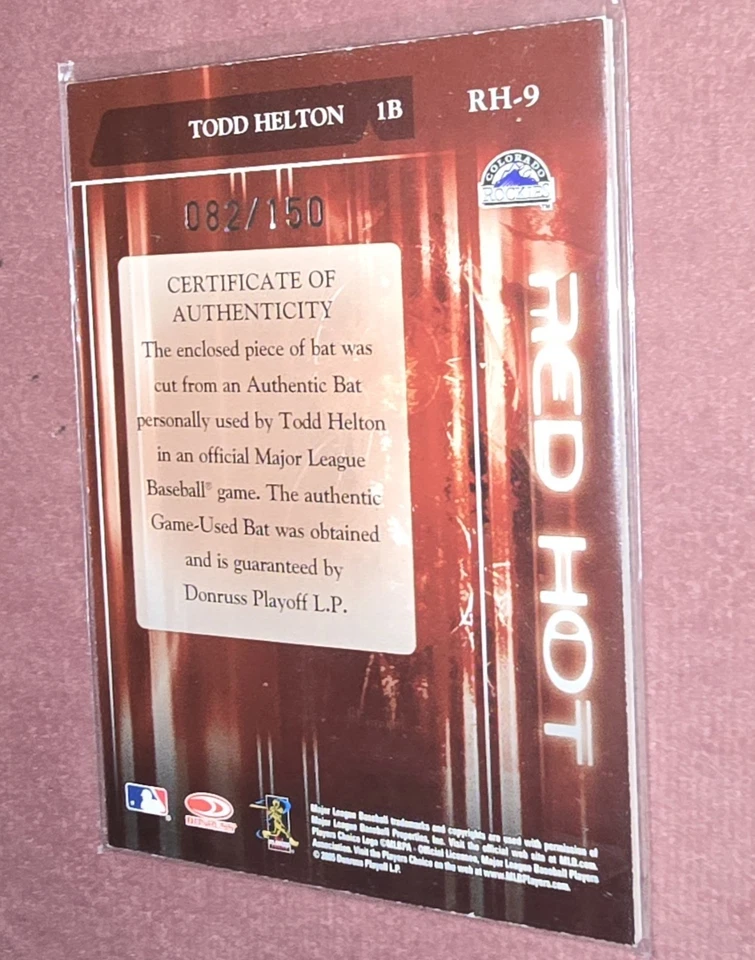 Donruss Zenith Todd Helton 2005 juego rojo caliente usado murciélago/150 Rockies Relic Foto 2 de 4