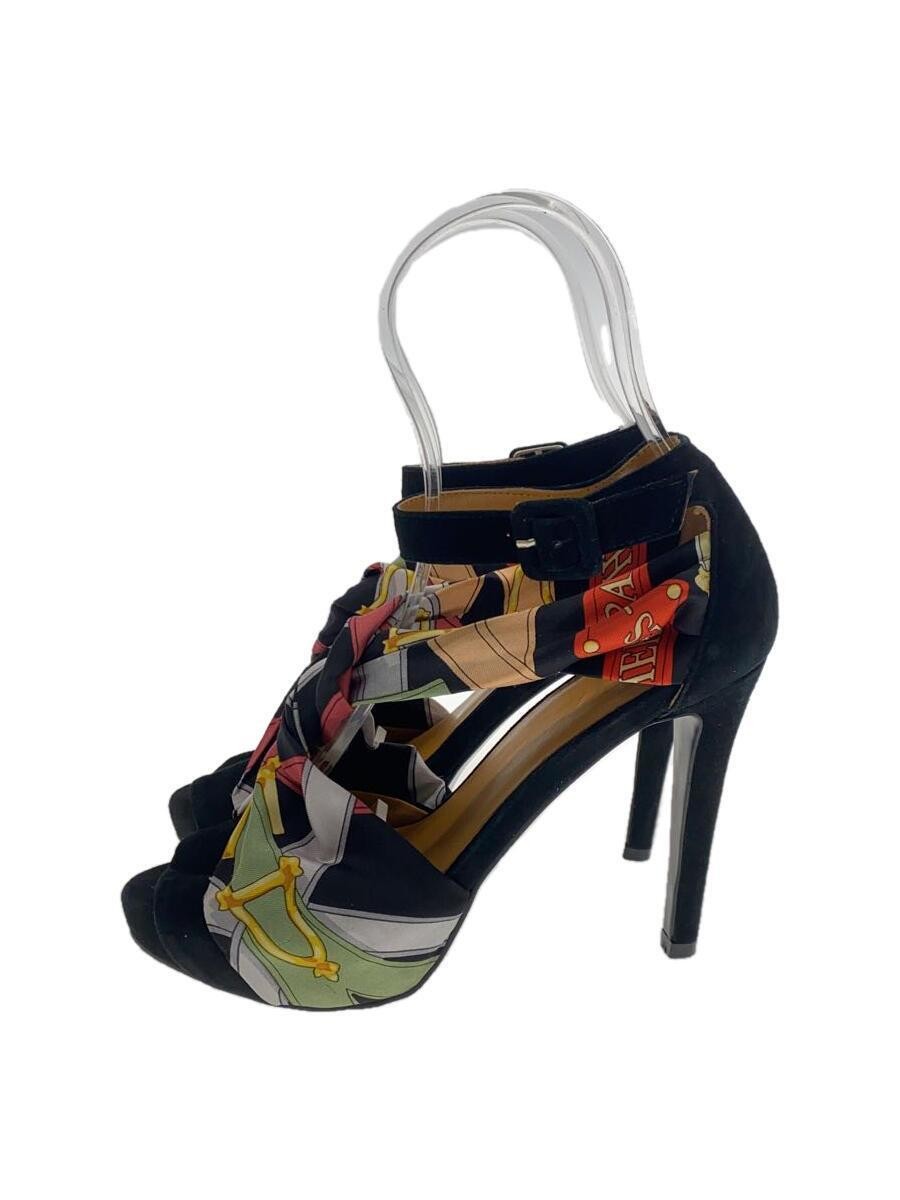 Hermes black suede stiletto sandals size 36 with suede straps and scarves