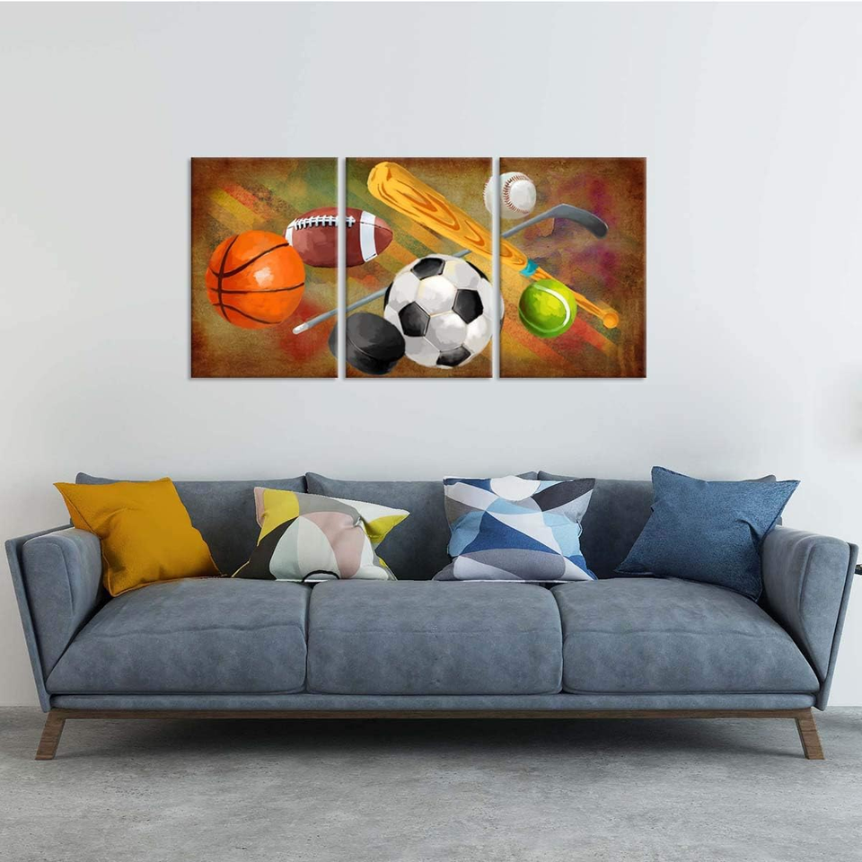 Lot De 3 Toiles Déco Sport Vintage – Basketball, Football, Baseball, Hockey – 24x16 Pouces