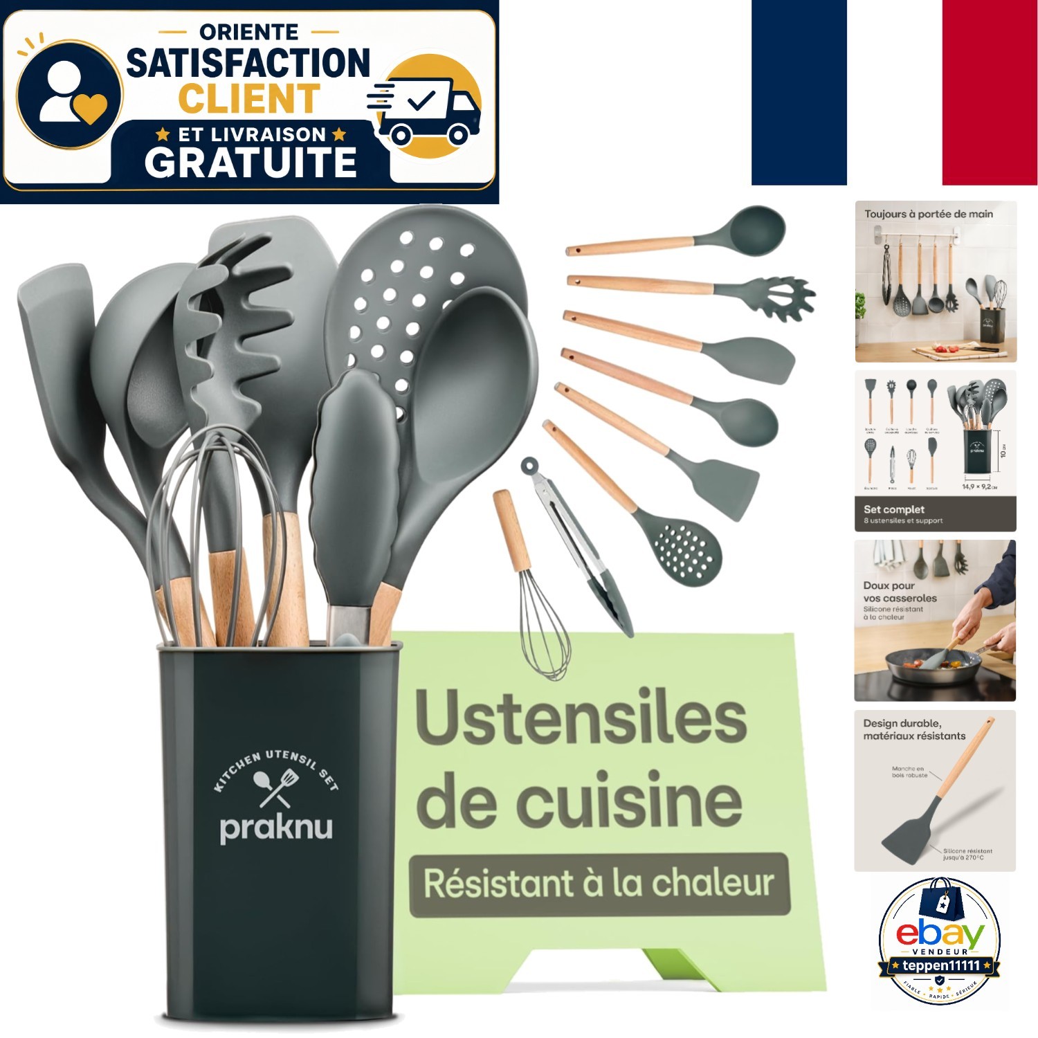 Set de 8 ustensiles de cuisine en silicone et bois gris Praknu