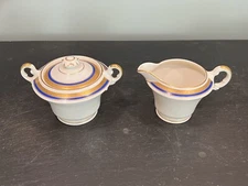 Syracuse China Old Ivory Wayne Pattern O.P.CO Sugar & Creamer Blue Gold Trim USA