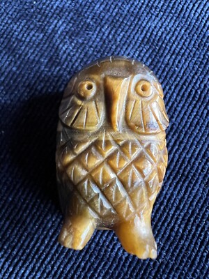 Vintage Cute Tiny Tiger Eye Owl Bird Animal Carving Gemstone Crystal