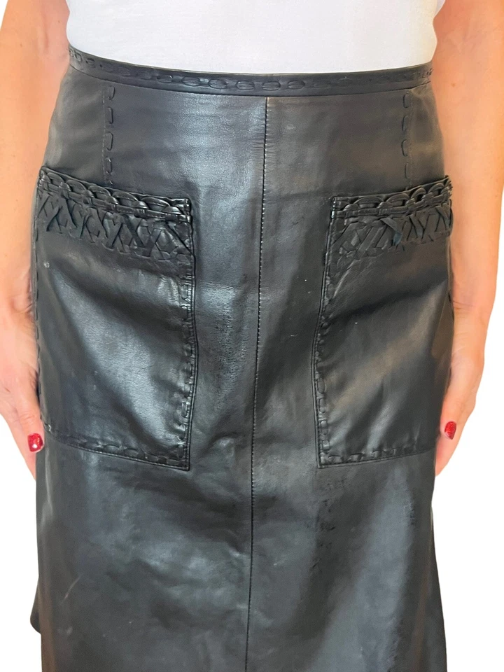 FALDA MUJER ELIE TAHARI CUERO NEGRO BOLSILLOS PUNTO LÁTIGO LÍNEA UNA $498 TALLA 8 Foto 4 de 4