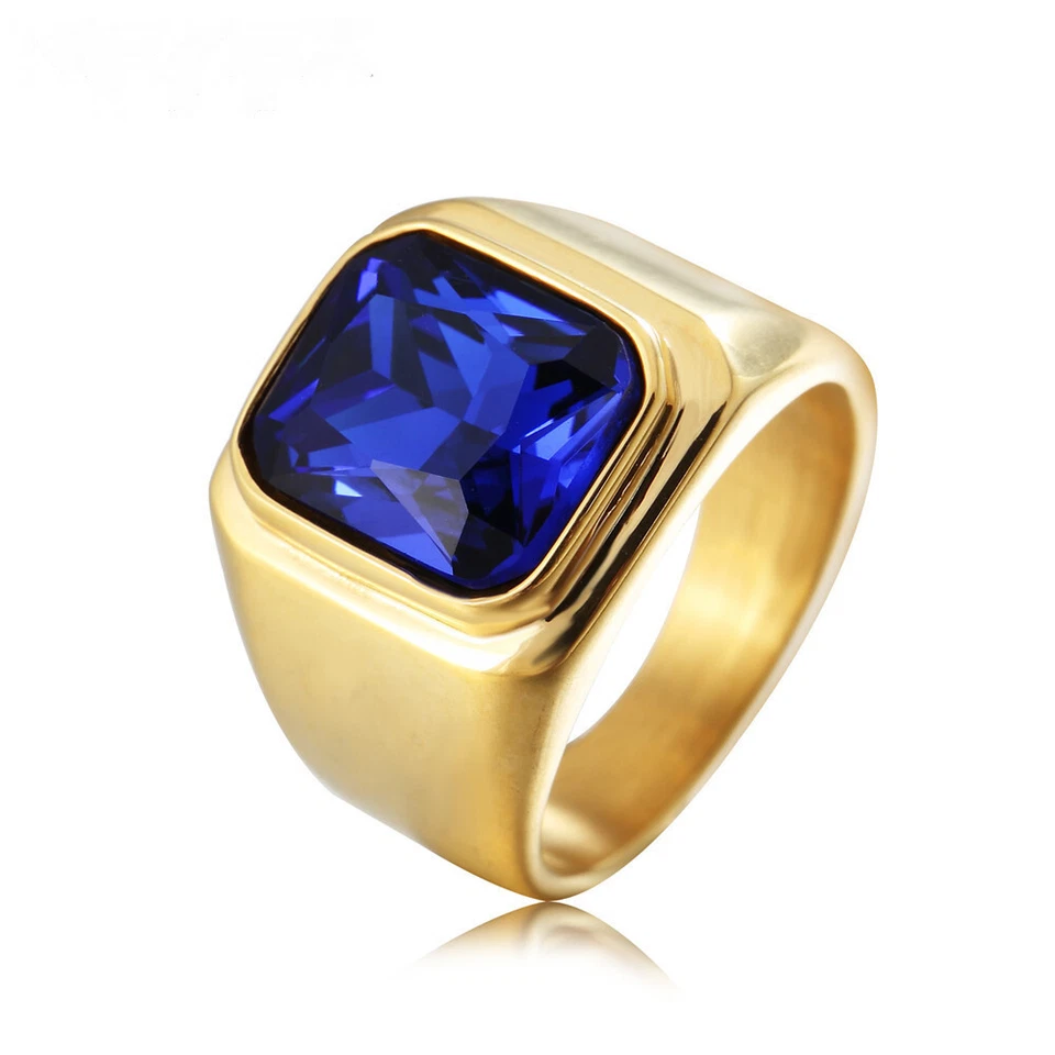 Мужчины женщин синий камень кольцо позолоченный из нержавеющей стали группы свадьбы моды подарок - Изображение 4 из 4