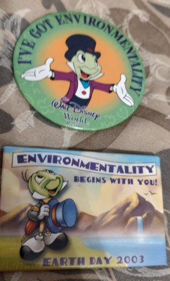 2 Disney Button Pin Jiminy Cricket Earth Day 2003 Environmentality Square Round