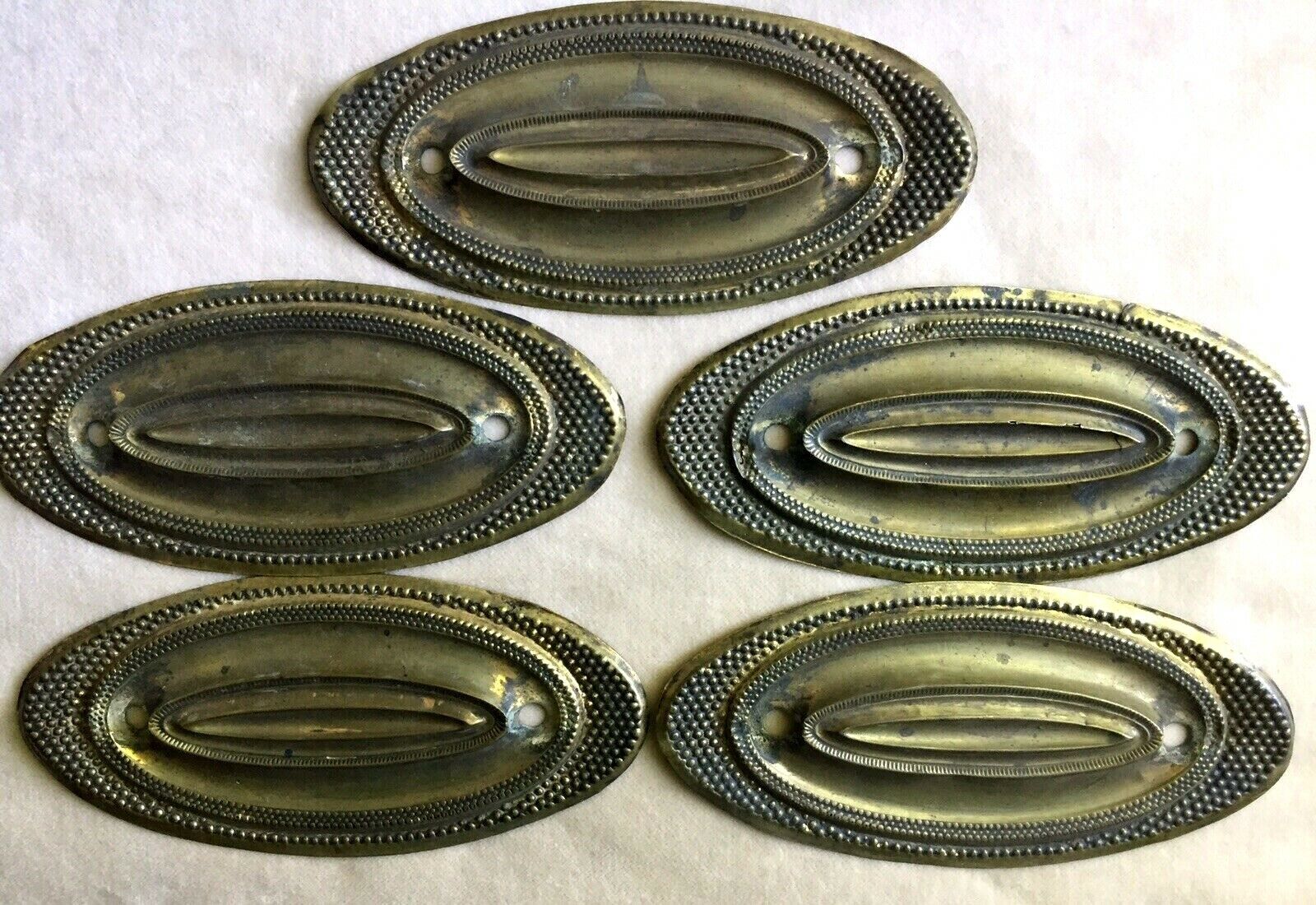 19thc Set of 5 HEPPLEWHITE WIDE BEADED OVAL Brass Drawer Pull Backplates 5" W