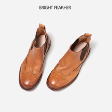 French Style Retro Mens Real Leather Carved Wing Tip Chelsea Ankle Boots Brogues