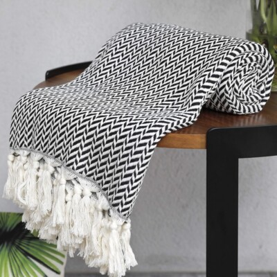NEW West Elm Boho Black & White Turkish Cotton Throw Blanket Bedding - 60'' x 50''