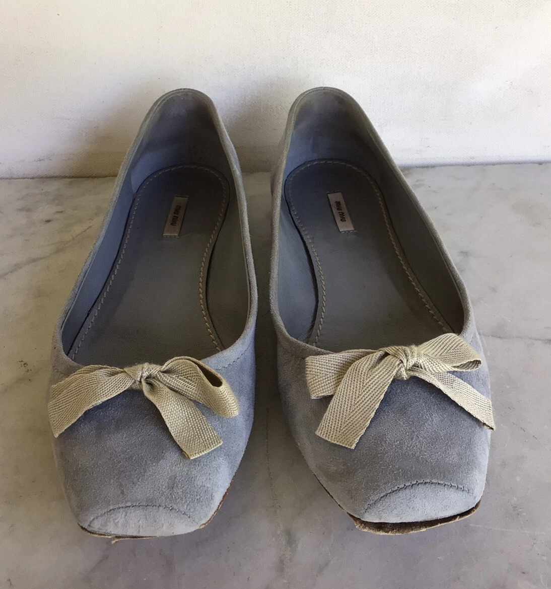 MIU MIU Blue Suede Flats Ballet Shoes W Bow Size 35.5 eBay