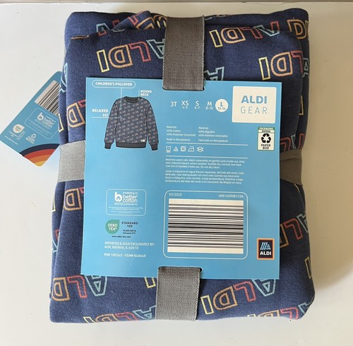 Aldi Gear Kids Large (12-14) Crewneck Pullover Blue with Logo Print Cotton NWT - Picture 3 of 3