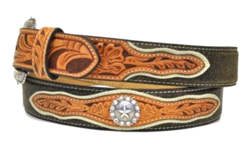 Nocona Western Mens Belt Leather Star Conchos Tooled Brown N2510008