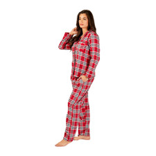 Womens Cotton Flannel Checked Christmas Pyjamas Set Button Through Winter PJ Set