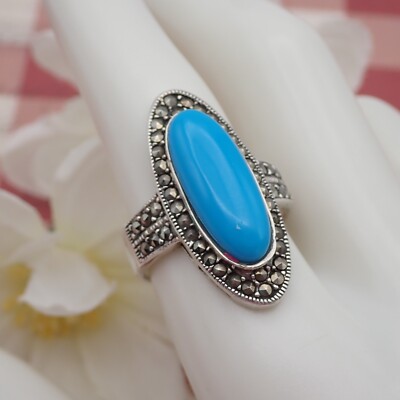 Vintage Sterling Silver Marcasite Simulated Turquoise Size 9.25 Ring 7.4 grams