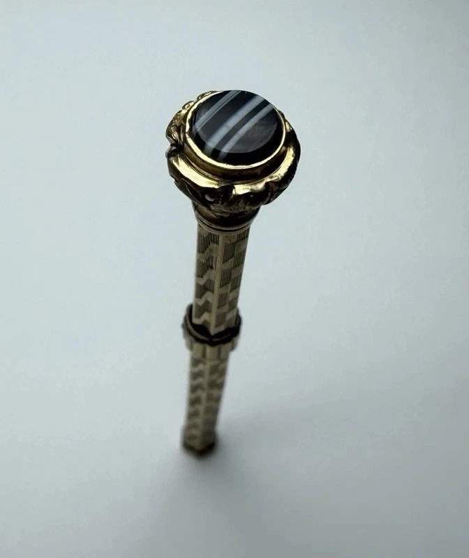 "Antigua pluma de inmersión retráctil llena de oro con acabado de ágata con bandas ornamentado 3""" Foto 3 de 4