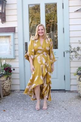 banana republic satin ruffle wrap dress NWT Banana Republic Satin Ruffle Wrap Dress Yellow Gold Floral Feathers -  Size S